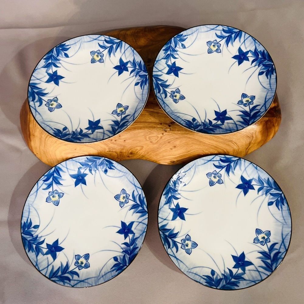 4 ASAHI Japan Blue White Yellow Plate Shallow Bowl Flower Floral 6.5" BEAUTIFUL